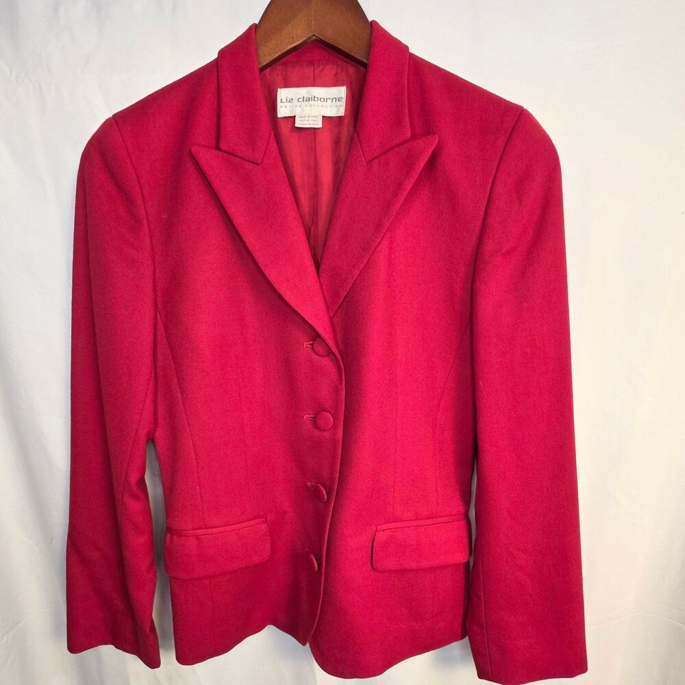Vintage 80s 100% Wool Red Blazer 4P Power Blazer Statement Classic Suit Jacket